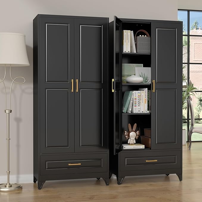 75" Kitchen Pantry Cabinet with Drawer, Metal Storage Cabinets with Doors and 4 Adjustable Shelves,Black Kitchen Cabinet with 2 Gold Handles,Food Cupboard for Livingroom,Pantry-Ruum Studio Home