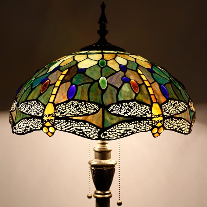 Tiffany Floor Lamp Stained Glass Lamp Standing Reading Light 16x16x70 Inch for Living Room (Amber Yellow Dragonfly)-Ruum Studio Home