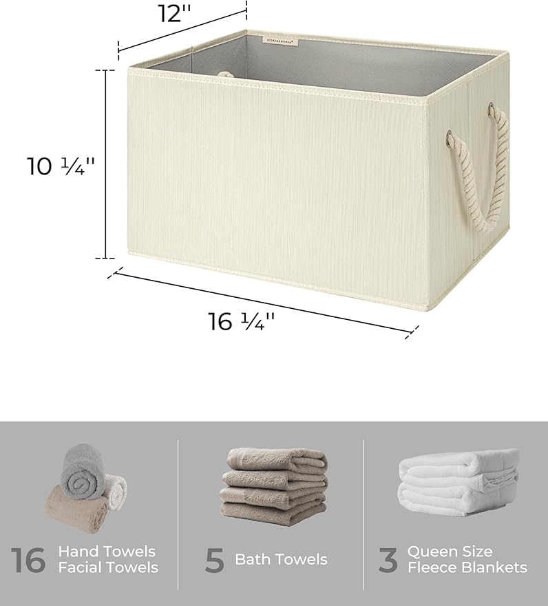StorageWorks Storage Baskets for Shelves, Foldable Fabric Closet Storage Bins with Handles, Fabric Storage Bins Clothes Organizer, Beige, White & Ivory, 3-Pack, Extra Large-Ruum Studio Home