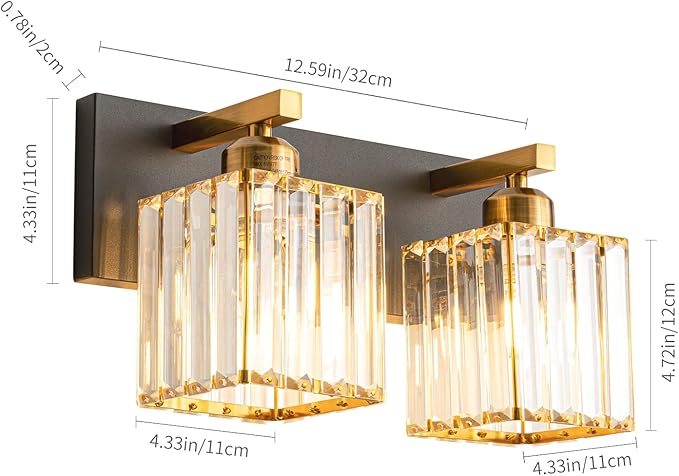 Modern Bathroom Vanity Light 2-Lights Black Gold Crystal Bathroom Wall Light Vanity Light Fixtures，12.59-inch Modern Minimalist Design-Ruum Studio Home