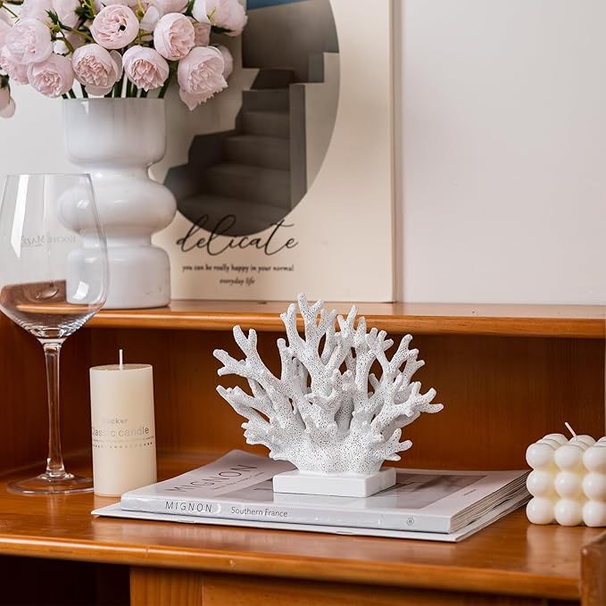 5.8" H White Coral Decor, Resin Coral Statue, Nautical Decorations for Home, Bedroom, Bathroom, Living Room, Beach/Coastal/Ocean Themed Cabinet Shelf Tabletop Decor-Ruum Studio Home