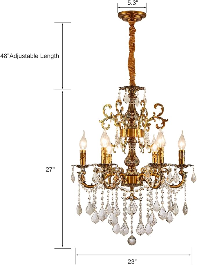 Vintage 6 Arms Crystal Chandelier Candle Light Fixture for Dining Room Living Room Bedroom Hallway Entryway Antique Gold Finish (23"-6 Lights)-Ruum Studio Home