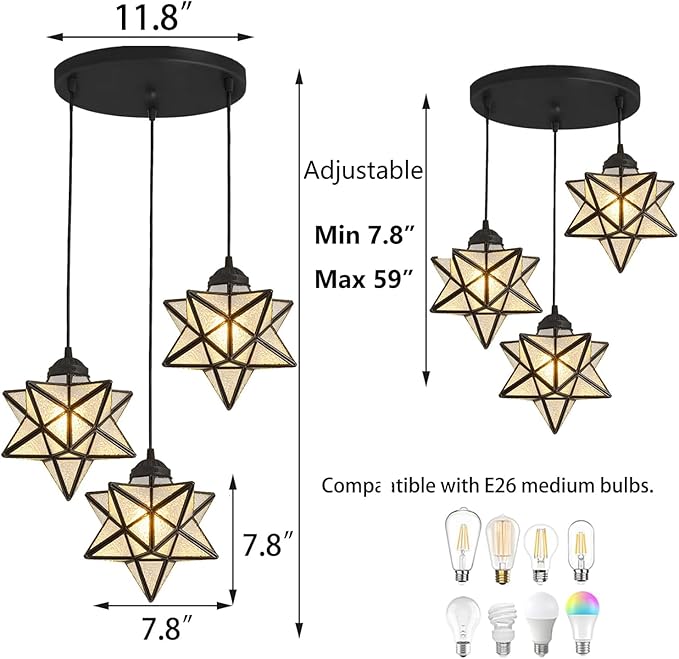 Farmhouse Glam Chandelier with Glass Star Pendants Light Fixture Elegant Ceiling Hanging Lights Included Warm Light Bulbs Black-Ruum Studio Home