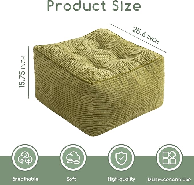 HIGOGOGO Square Stuffed Pouf Ottoman, Corduroy Poufs with Foam Chunk Filling, Furry and Fluffy Pouf Foot Stool Storage Ottoman, 25.6 X 25.6 Floor Poufs Foot Rest for Living Room, Green-Ruum Studio Home