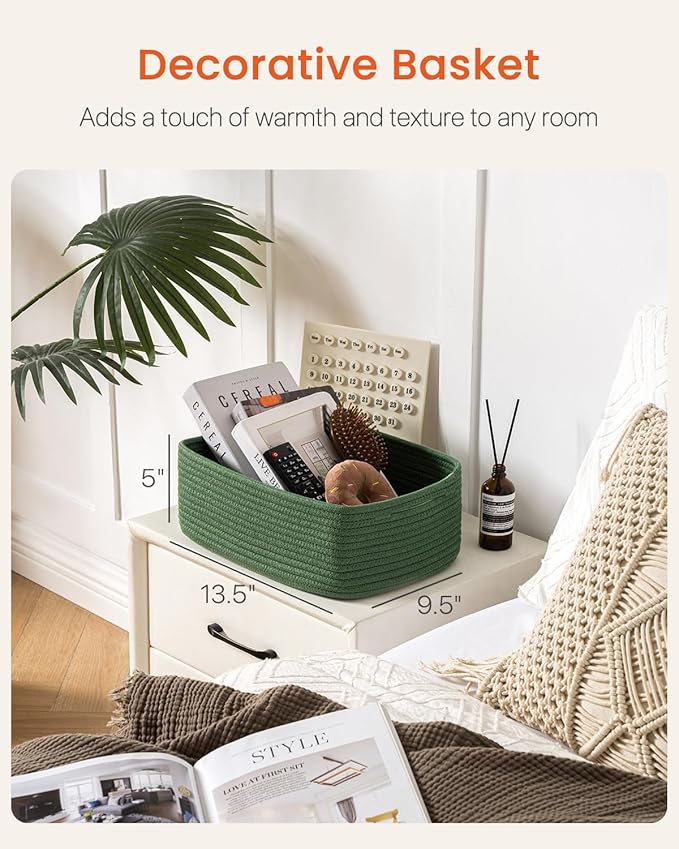Small Woven Basket, 13.5 x 9.5 x 5 Inches, Storage Basket for Organizing, Cute Small Rope Shelf Closet Cube Storage Bins Baskets for Shelves, Dog Toy Gift Baskets Empty, 3 Pack, Green-Ruum Studio Home