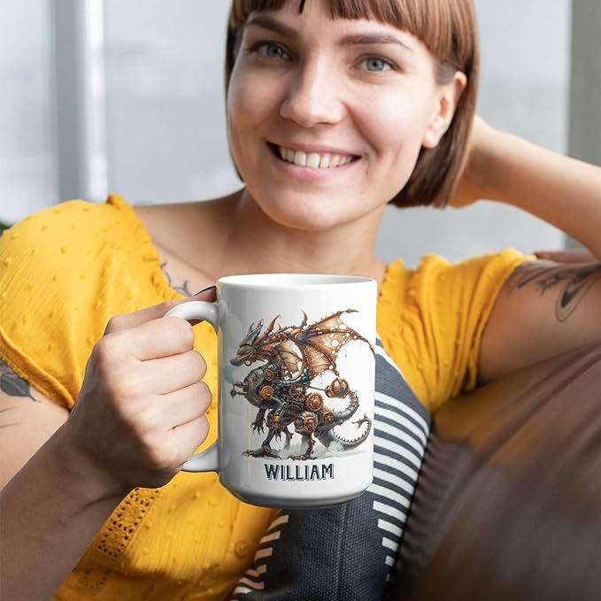 Personalized Name Dragon Lover Ceramic Mug 15oz, Custom Mechanical Dragon Design Coffee Cup, Unique Dragon Mug Gift For Fantasy Enthusiasts, Customized Kid Cup On Birthday, Holiday-Ruum Studio Home
