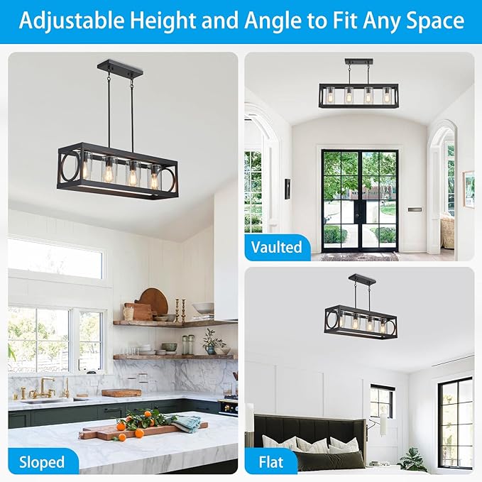 XINGQI Black Kitchen Island Light Fixtures Over Table, 31.5" Rectangular Linear Chandeliers Farmhouse Dining Room Pendant Ceiling 4-Light with Glass Lampshade for Living Room Bar Office-Ruum Studio Home