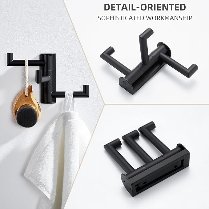 Angle Simple Swivel Towel Hook 3 Arms, SUS 304 Stainless Steel Foldable Bathroom Robe Towel Hook, Wall Coat Holder, Matte Black-Ruum Studio Home
