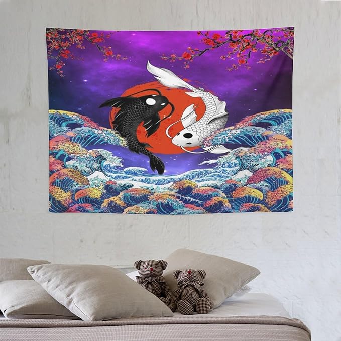 Houselerax Japanese Koi Fish Tapestry, Yin Yang Big Wave Cherry Blossom Tapestries Wall Hanging for Bedroom Living Room Office Decor 40"x30"-Ruum Studio Home