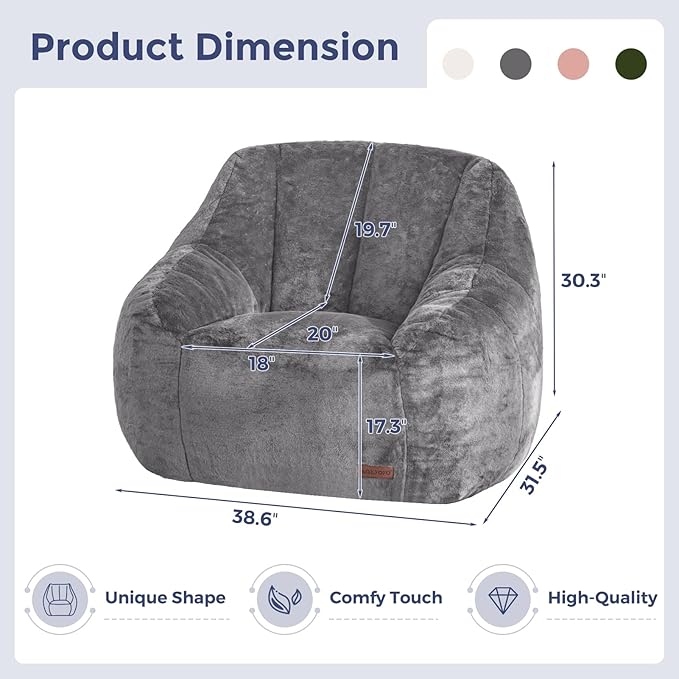 MAXYOYO Bean Bag Chair, Comfy Bean Bag Sofa with Back Support, Faux Fur Bean Bag Chair for Adults and Kids, Stuffed Floor Sofa for Living Room, Bedroom, Apartment, Grey-Ruum Studio Home