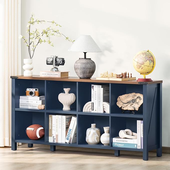 8 Cube Book Shelf, Farmhouse Wood Long Storage Organizer Bookcase, 62" Horizontal Navy Blue Console Closet Bookshelf, Hallway TV Stand for Entryway, Display Cabinet Book Case for Living Room-Ruum Studio Home