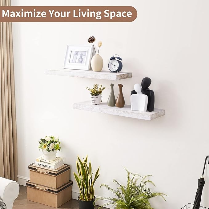 Axeman Floating Shelves for Wall, 24''W x 8''D Rustic Solid Elm Wood Wall Shelves for Storage, Wall Mounted Display Shelving with Invisible Heavy-Duty Metal Bracket (White Wash, 2PCs)-Ruum Studio Home