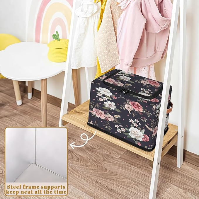 Rectangular Storage Baskets for Shelves - Waterproof Foldable Laundry Basket, Nursery Hamper, Reusable Toy Bin for Organizing Toys, Books, Clothes, Closet 14"x10.2" x10.4" (Flowers)-Ruum Studio Home
