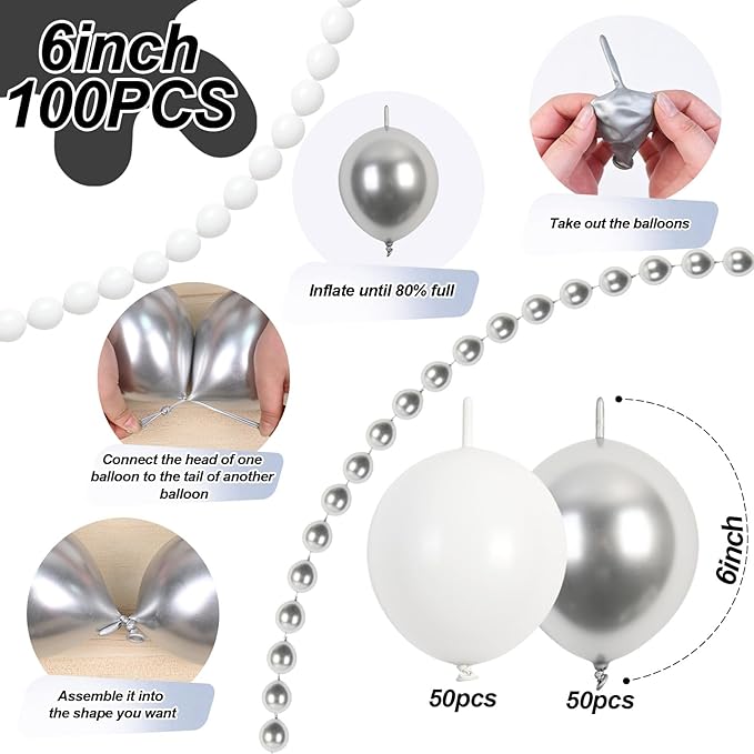 White and Silver Linking Balloons, 100PCS 6 Inch Small Metal Silver Quick Link Balloons for Making Balloon Wall Heart Arch Tails Balloon for Wedding Birthday Baby Shower Graduation Party Decorations-Ruum Studio Home