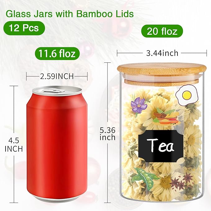 Glass Jars with Bamboo Lids 20 oz, 12 Pcs Stackable Kitchen Glass Pantry Storage Containers with Airtight Bamboo Lids for Rice, Candy, Sugar, Flour, Nuts, Cookie, Bean-Ruum Studio Home