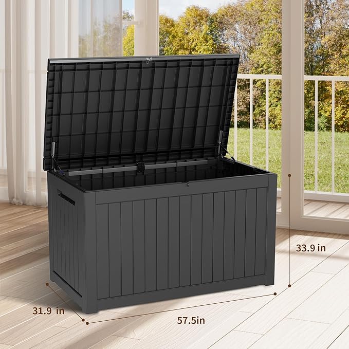 DRATO 230 Gallon Deck Box, Outdoor Large Waterproof Resin Storage Box with Lockable Lid for Patio Cushions, Gardening Tools, Sports Equipment, Black-Ruum Studio Home