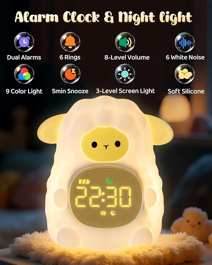 Sheep Alarm Clock for Kids with Night Light, Sleep Training Clock Time to Wake Clock, Rechargeable Silicone Light for Bedroom, Perfect Sleep Companion for Boys Girls-Ruum Studio Home