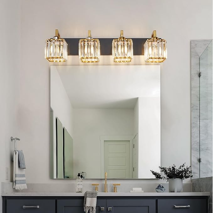 Modern Bathroom Vanity Light 4-Lights Black Gold Crystal Wall Lamp Bathroom Modern Crystal Vanity Lighting-Ruum Studio Home