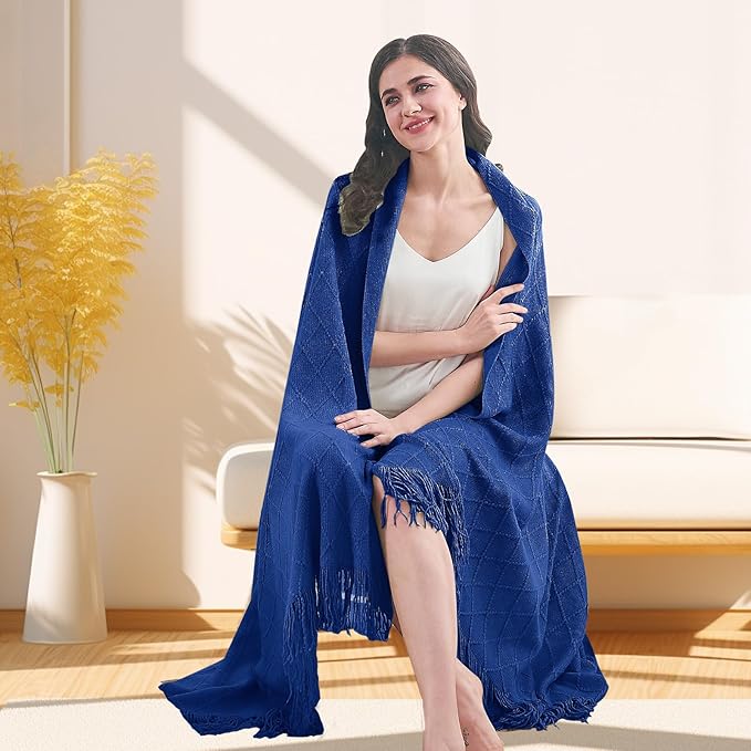 inhand Knit Klein Blue Throw Blanket for Couch, Soft Living Room Home Decor Knitted Twin Size Blanket, Outdoor Lightweight Breathable Summer Blanket, Farmhouse Warm Woven Decorative, 60"x80"-Ruum Studio Home