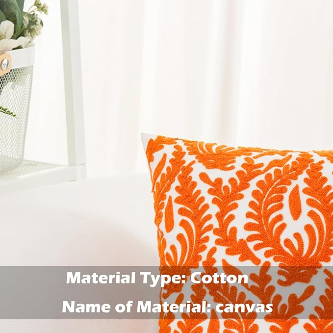 HWY 50 Orange Fall Decorative Throw Pillow Covers 18x18 Inch (1 Piece), Embroidered Cotton Farmhouse Cushion Cover Pillow Case for Sofa Couch Living Room Bed Bedroon, Floral Branches-Ruum Studio Home