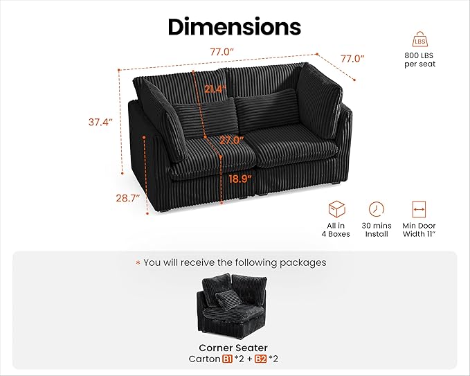 Oversized Modular Sofa, Extra Deep Cloud Corduroy Sectional Couch with Ottoman Chaise, Fluffy Corduroy 2 Seater Sofa Bed for Living Room, Villa (Loveseat Sofa, Corduroy Black)-Ruum Studio Home
