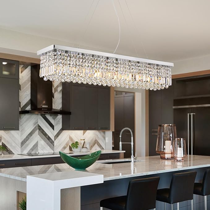 Siljoy Modern Rectangular Crystal Chandelier, 47" Rectangle Raindrop Hanging Ceiling Pendant Light Fixture Adjustable Height for Kitchen Island Dining Room, Polished Chrome Finish, L47 x W10 x H10-Ruum Studio Home