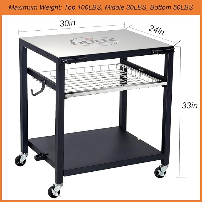 NUUK Double-Shelf Movable Outdoor Pizza Oven Table, 24" x 30" Stainless Steel Commercial Multifunctional Food Prep Worktable with Drawer on Wheels-Ruum Studio Home