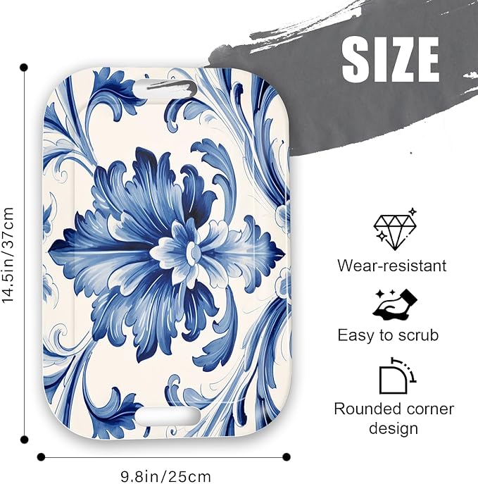 Serving Trays with Handles, 14.5 x 9.8 inch Rectangular Plastic Tray for Restaurant, Kitchen, Blue and White Pattern-Ruum Studio Home
