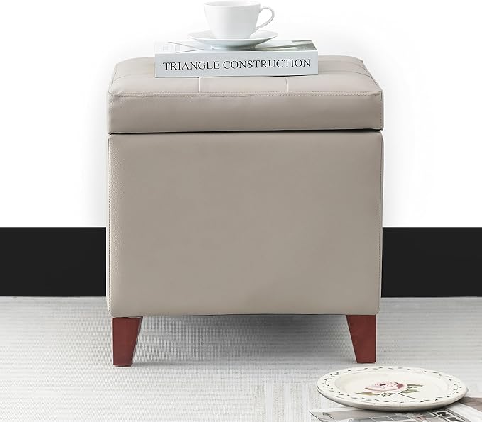 Adeco 18" PU Storage Ottoman, Upholstered Square Faux Leather Foot Rest - Flip Top Footstool with Sturdy Wood Legs, Small Cube Coffee Table Extra Seat for Living Room, Bedroom, Elephant Grey-Ruum Studio Home