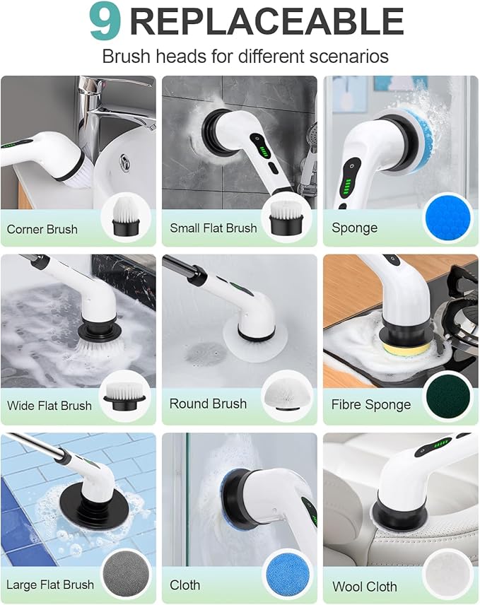 Electric Spin Scrubber, Cordless Shower Scrubber Rotary Floor Brushes & Pad Drivers with 9 Brush Heads - 2H Dual Speed, IPX7 Waterproof Extension Handle for Bathroom Tile Car Cleaning, Whtie-Q-Ruum Studio Home