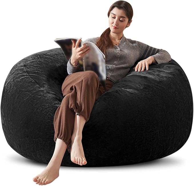 Bean Bag Chair 4Ft, Memory Foam Filled, Large Beanbag Chairs for Adults and Teens, Soft Sofa with Removable Flannel Cover, Round Couch for Living Room Bedroom College Dorm (Black, 4FT-47×47"×24")-Ruum Studio Home