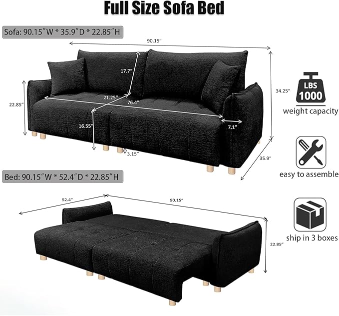 Convertible Sofa Bed, 90" Full Size Sleeper Sofa with Storage, Tufted Chenille 3 Seat Sofa Couches for Living Room, Small Spaces, Guest Room, Apartment, Black-Ruum Studio Home