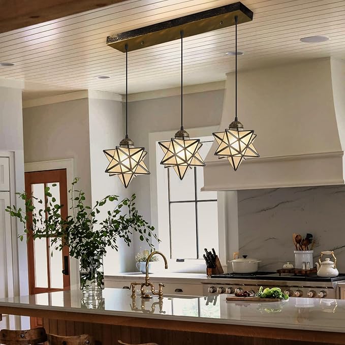 Farmhouse Frosted White Glass Chandelier 3 Lights Star Pendant Lights for Dining Table Kitchen Island Modern Ceiling Hanging Lights Included LED Warm Light Bulbs Oiled Bronze-Ruum Studio Home