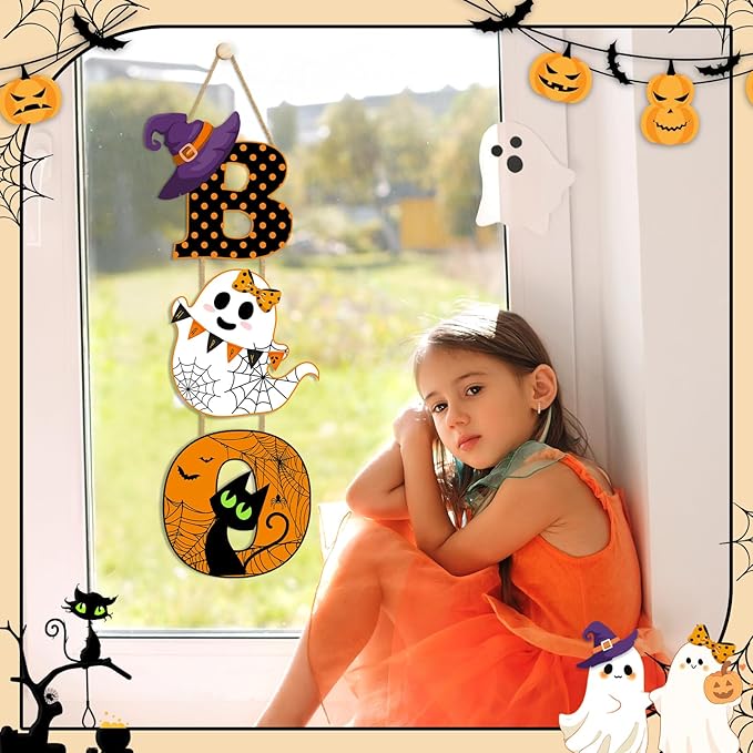 Britimes BOO Halloween Door Sign for Front Door, Halloween Cute Ghost Black Ghost Wall Decorations Wooden Hanging Signs for Home Wall Porch Outdoor Party Decor-Ruum Studio Home