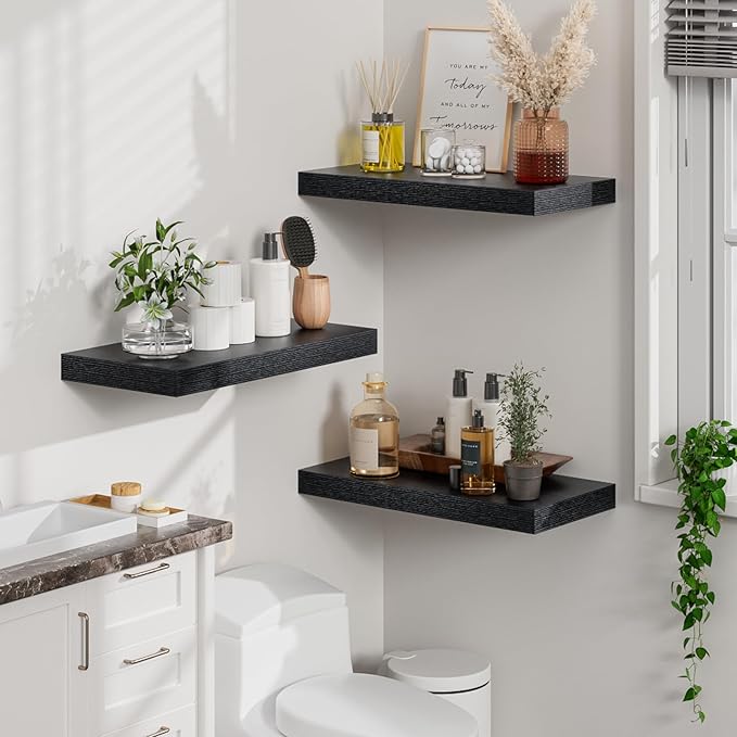Heimlove 12" Deep Black Floating Shelves for Wall, 24 Inch Wall Shelf Bathroom Shelves Set of 2, Wall Mounted Shelves for Books Living Room Laundry Room Bedroom Kitchen Home Office-Ruum Studio Home