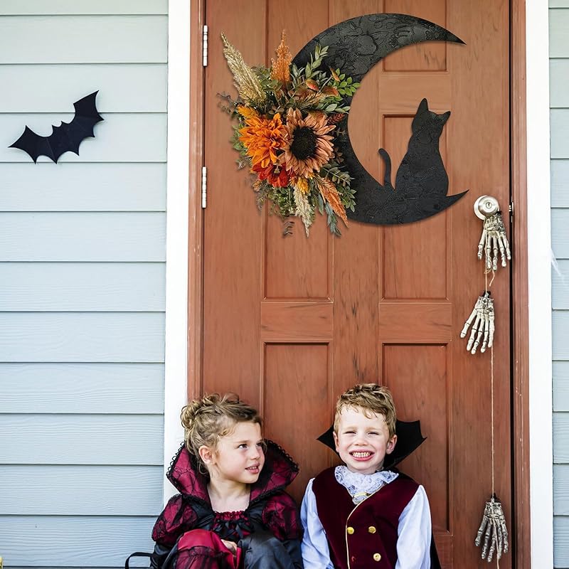 Halloween Wreaths for Front Door, Black Cat on Moon Garland with Rose Wreath Decor, Halloween Decorations Crescent Moon Wreath for Home Party Window Wall Indoor Outdoor (orange flower)-Ruum Studio Home