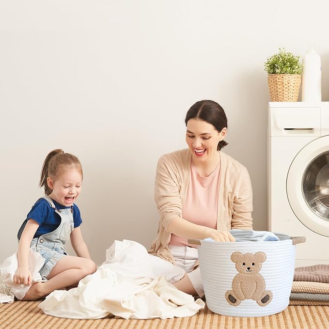 INough Cotton Rope Basket Toy Storage Baskets for kids Laundry Hamper, Gift Basket Empty Baby Shower Baskets with Handles, Cute Bins Blanket Stuffed Animal Storage for Nursery, Living Room Decor, Bear-Ruum Studio Home