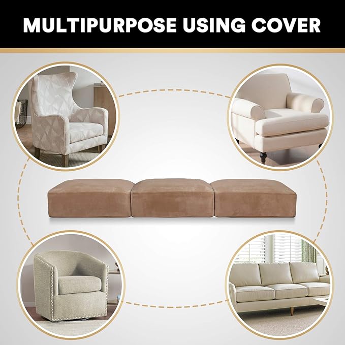 PrinceDeco Super Soft Couch Cushion Covers for Sectional Couch, Velvet Sofa Slipcover for Cushion Sofa pet Friendly with Elastic Bottom(Each Width Up to 29.5", Camel)-Ruum Studio Home