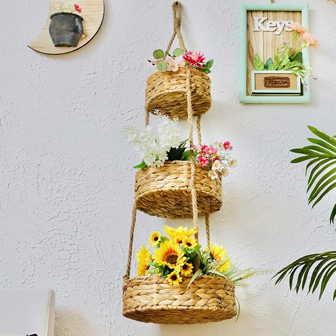 KINGWILLOW 3 Tier Hanging Fruit Basket, Handmade Natural Water Hyacinth Wall Vegetable Storage Baskets, Space Saver for Kitchen Organizing Plant Holder-Ruum Studio Home
