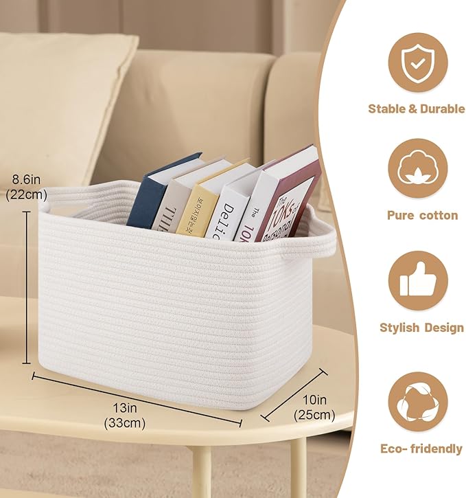 Storage Basket for Organizing, Woven Baskets for Storage, Rectangle Decorative Baskets for Shleves, Closet, Toys, Books, Nursery Organizer Bins - Pack of 3 (White)-Ruum Studio Home