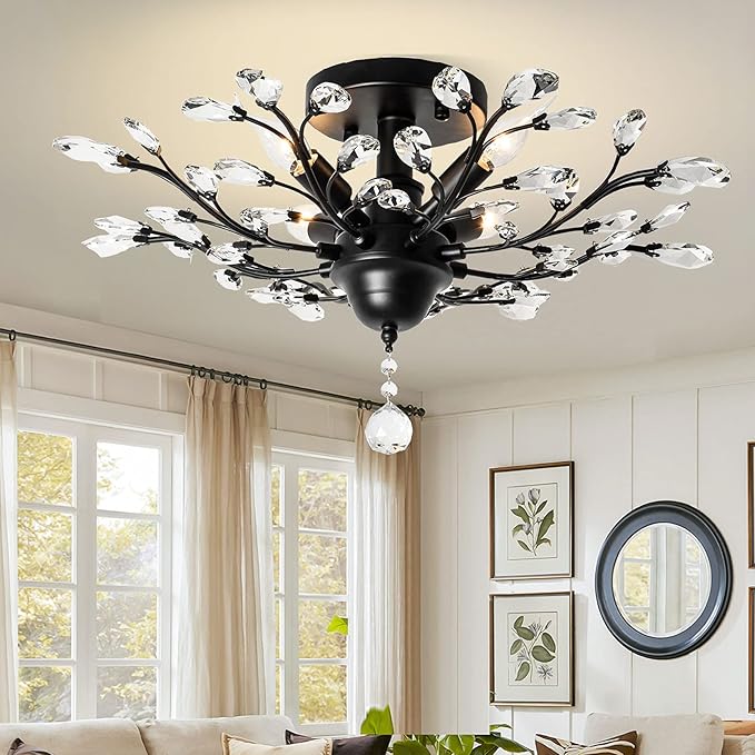 Ganeed Crystal Chandeliers,Vintage K9 Clear LED Ceiling Lighting,Edison Pendant Light Flush Mounted Fixture with 4 Light for Living Room Dinning Room Restaurant Porch Hallway (Black)-Ruum Studio Home