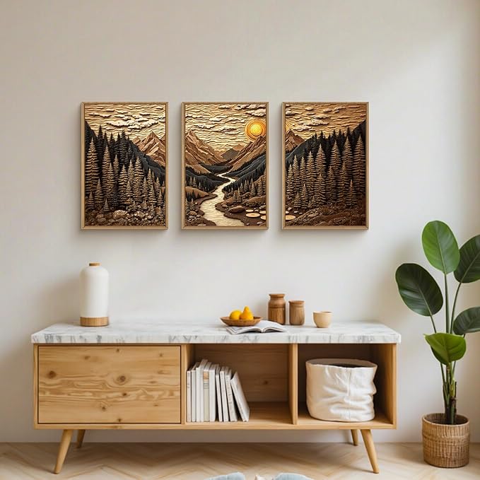 HPINUB Abstract Landscape Mountain Canvas Wall Art Set, Vibrant Sun Forest Pine Tree Wall Decor, Wilderness Nature River Artwork Rustic Scenery Art Print for Living Room,Bedroom,Office-16 x24 x3-Ruum Studio Home