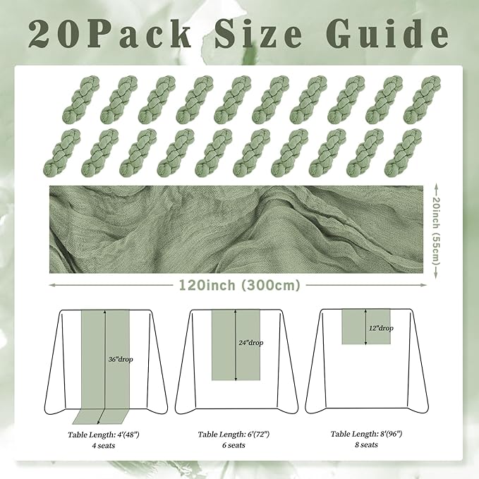 20 Pack Sage Green Cheesecloth Table Runner 10FT Rustic Gauze Fabric Cheese Cloth Table Runner for Wedding Bridal Baby Shower Table Decor 20 x 120 Inch Long Boho Sheer Birthday Party Table Decorations-Ruum Studio Home
