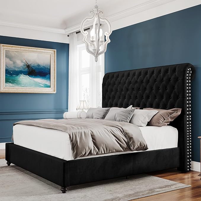 PaPaJet King Bed Frame Upholstered Platform Bed Frame with 52.8'' Tall Sleigh Headboard, Button Tufted, No Box Spring Needed, Easy Assembly, Black-Ruum Studio Home