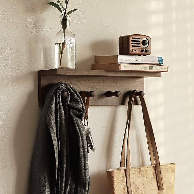 Entrance Coat Rack ，Coat Hooks, Wall-Mounted Wooden Hook Rack, Wall-Mounted Shelves are Very Suitable (Walnut Colored Finish-2)-Ruum Studio Home