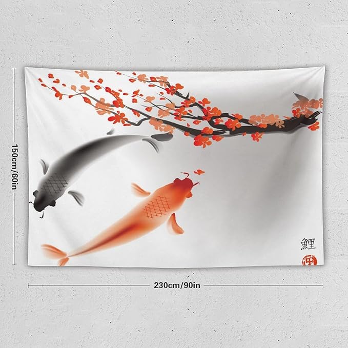 Houselerax Japanese Koi Fish Tapestry, Cherry Blossoms Asian Oriental Flower Branch Koi Fish Carp Tapestries Wall Hanging for Bedroom Living Room Office Decor 90"x60"-Ruum Studio Home