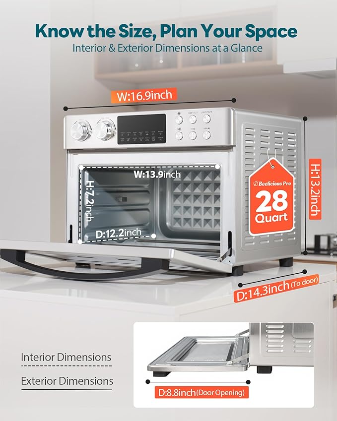 28QT Air Fryer Toaster Oven Combo, Large 12-in-1 Convection Countertop Oven with Next-Gen HeatWave Convection, 3-Layer Cooking, Rotisserie for Chicken, Fits 11" Pizza, Full Accessorie, Stainless Steel-Ruum Studio Home