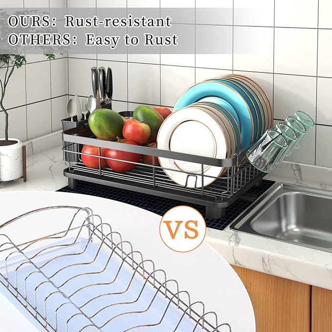 Godboat Dish Drying Rack, Dish Rack with Auto-Drain & Mat, Dish Drainers for Kitchen Counter, Glass Organizer for 4 Cups, 3 Slots Utensil Holder, Gifts for Women Mothers Day, Kitchen Gadgets & Decor-Ruum Studio Home