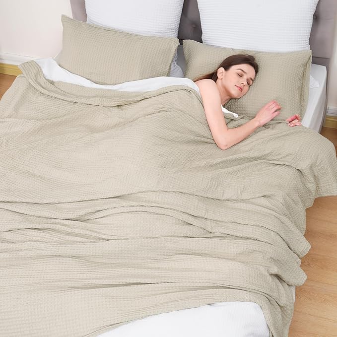 PHF Ultra Soft Waffle Weave Throw Blanket 50"x 60"- Washed Lightweight Breathable Cozy Woven Blanket for Bed - Aesthetic Decor for Couch Bedding Sofa Home Car - Light Khaki/Linen-Ruum Studio Home