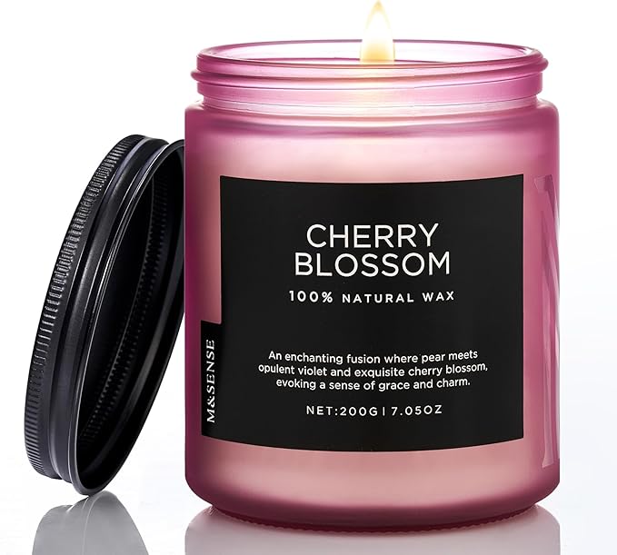 M&SENSE Cherry Blossom Scented Spring Candle, Best Smelling Stress Relief Aromatherapy Candle, 50 Hours 7.05oz Natural Soy Wax Romantic Candle Gifts for Women & Home Decor-Ruum Studio Home